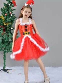 Girl's Christmas Set Red Dress Cloak Hat Polyester Christmas Holidays Costumes