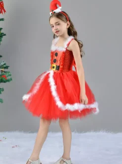 Girl's Christmas Set Red Dress Cloak Hat Polyester Christmas Holidays Costumes