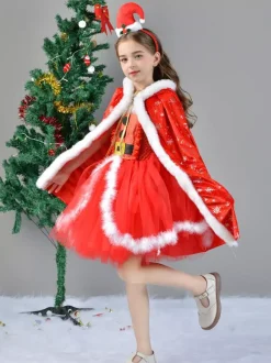 Girl's Christmas Set Red Dress Cloak Hat Polyester Christmas Holidays Costumes
