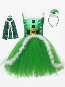 Girl's Christmas Set Red Dress Cloak Hat Polyester Christmas Holidays Costumes