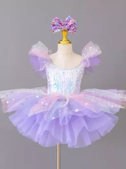 Girls Ballerina Princess Party Costume Kids Sequin Flower Dress