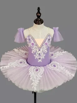 Girls Ballet Dress Lavender Layered Tulle Embroideried Polyester Dancing Wear