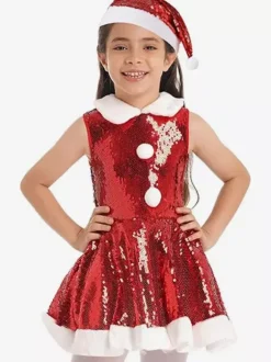 Girl's Christmas Set Red Hat Dress Polyester Christmas Holidays Costumes