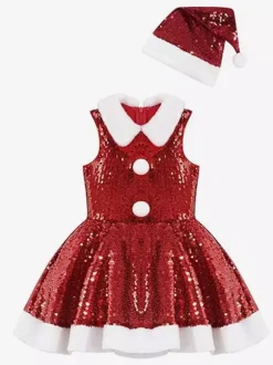 Girl's Christmas Set Red Hat Dress Polyester Christmas Holidays Costumes