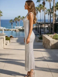 Glamorous Sparkle Square Neck Bodycon Mermaid Maxi Dress For Women 2026