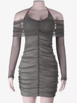 Glitted Ruched Bodycon Dress For Women - Halter Neck Off Shoulder Mesh Mini Dress - Spring Night Out Clubwear 2026