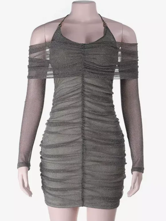 Glitted Ruched Bodycon Dress For Women - Halter Neck Off Shoulder Mesh Mini Dress - Spring Night Out Clubwear 2026