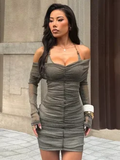 Glitted Ruched Bodycon Dress For Women - Halter Neck Off Shoulder Mesh Mini Dress - Spring Night Out Clubwear 2026