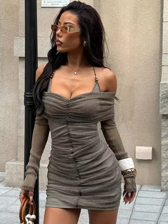Glitted Ruched Bodycon Dress For Women - Halter Neck Off Shoulder Mesh Mini Dress - Spring Night Out Clubwear 2026
