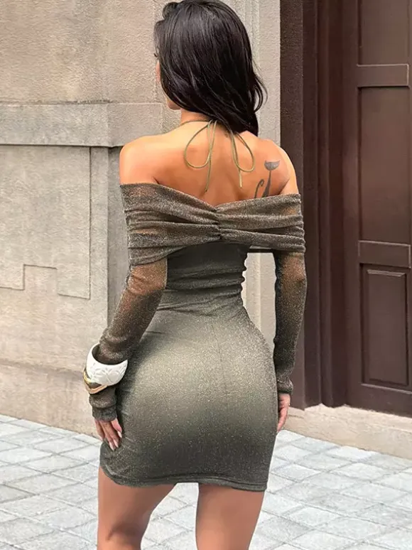 Glitted Ruched Bodycon Dress For Women - Halter Neck Off Shoulder Mesh Mini Dress - Spring Night Out Clubwear 2026