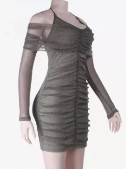 Glitted Ruched Bodycon Dress For Women - Halter Neck Off Shoulder Mesh Mini Dress - Spring Night Out Clubwear 2026