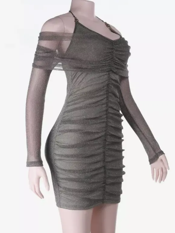 Glitted Ruched Bodycon Dress For Women - Halter Neck Off Shoulder Mesh Mini Dress - Spring Night Out Clubwear 2026