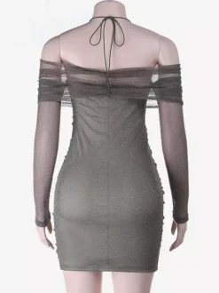 Glitted Ruched Bodycon Dress For Women - Halter Neck Off Shoulder Mesh Mini Dress - Spring Night Out Clubwear 2026