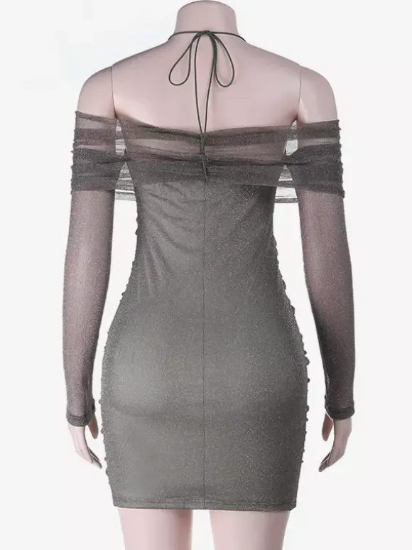 Glitted Ruched Bodycon Dress For Women - Halter Neck Off Shoulder Mesh Mini Dress - Spring Night Out Clubwear 2026