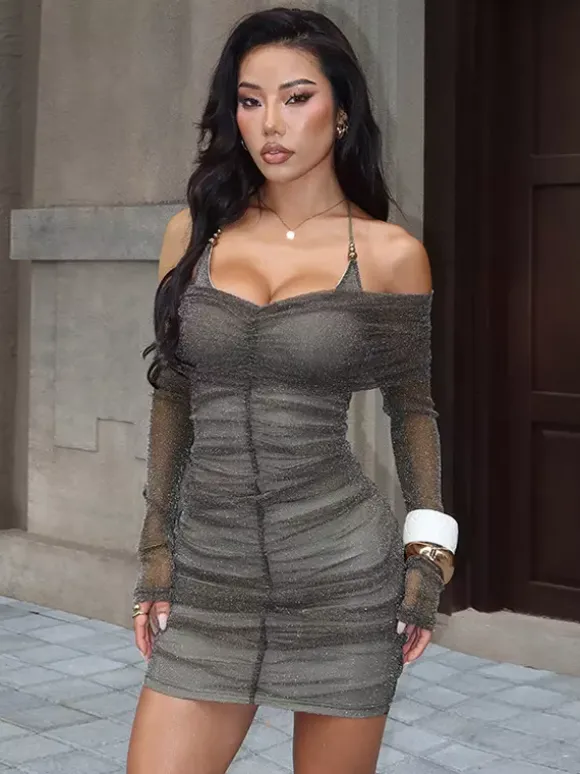 Glitted Ruched Bodycon Dress For Women - Halter Neck Off Shoulder Mesh Mini Dress - Spring Night Out Clubwear 2026