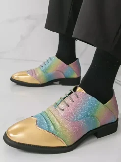 Glitter Dress Shoes Men's Round Toe Patchwork Lace Up Casual Shoes