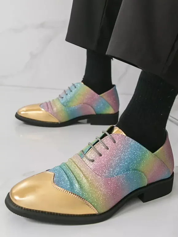 Glitter Dress Shoes Men's Round Toe Patchwork Lace Up Casual Shoes