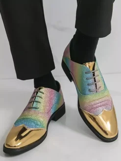 Glitter Dress Shoes Men's Round Toe Patchwork Lace Up Casual Shoes