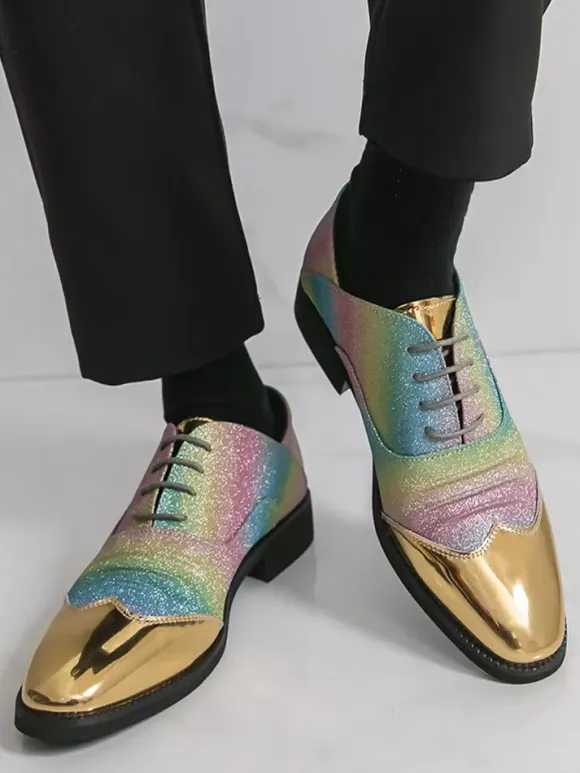 Glitter Dress Shoes Men's Round Toe Patchwork Lace Up Casual Shoes