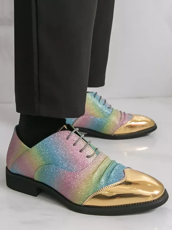 Glitter Dress Shoes Men's Round Toe Patchwork Lace Up Casual Shoes
