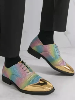 Glitter Dress Shoes Men's Round Toe Patchwork Lace Up Casual Shoes
