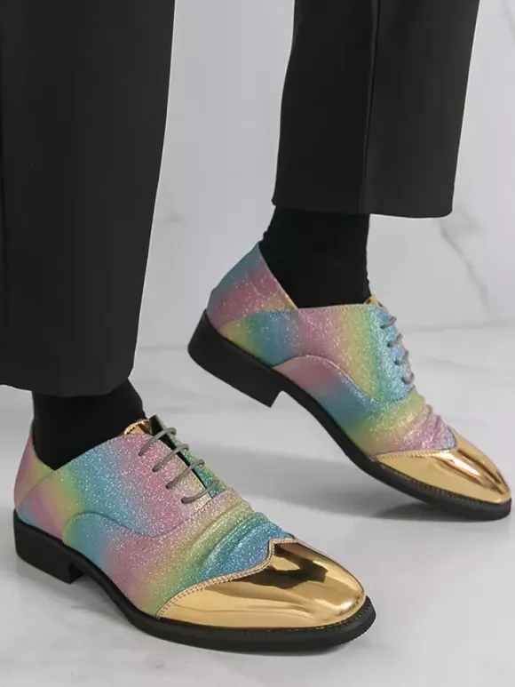 Glitter Dress Shoes Men's Round Toe Patchwork Lace Up Casual Shoes