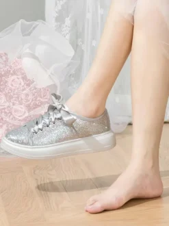 Glitter Flat Wedding Shoes Round Toe Lace Up Bridal Shoes