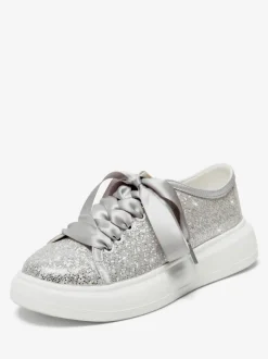 Glitter Flat Wedding Shoes Round Toe Lace Up Bridal Shoes