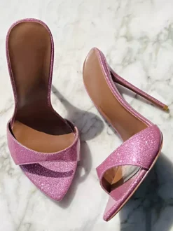 Glitter High Heel Mules Open Toe Stiletto Heel Sexy Sandal Slides
