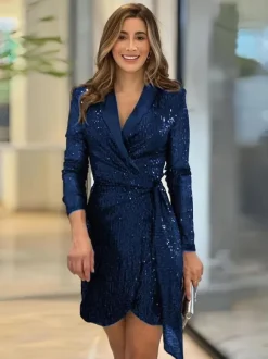 Glitter Mini Blazer Dress Lapel Wrap V-Neck Long Sleeves Day Dresses In Burgundy