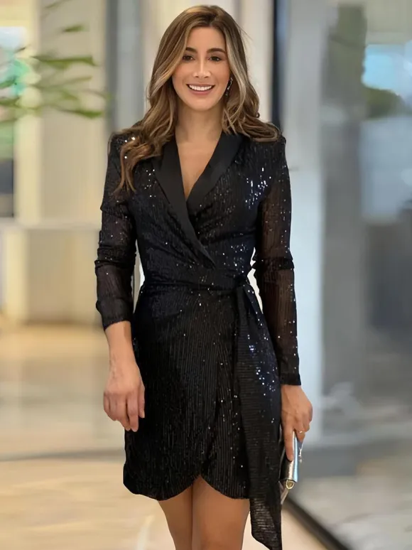 Glitter Mini Blazer Dress Lapel Wrap V-Neck Long Sleeves Day Dresses In Burgundy