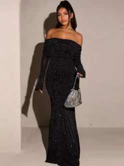 Glitter Off Shoulder Maxi Dress For Women - Sparkly Mesh Long Sleeve Mermaid Gown - Spring Gala Evening Party Outfits 2026