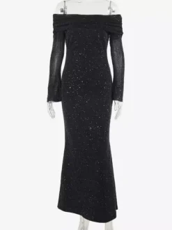 Glitter Off Shoulder Maxi Dress For Women - Sparkly Mesh Long Sleeve Mermaid Gown - Spring Gala Evening Party Outfits 2026