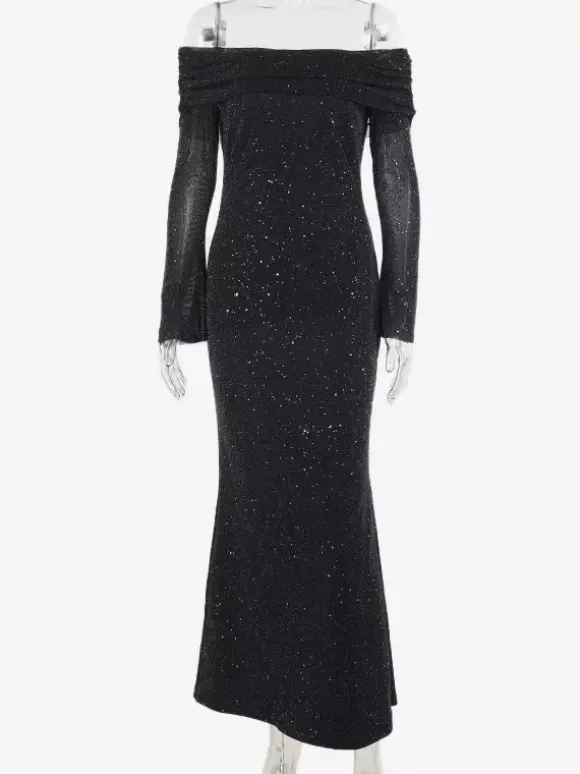Glitter Off Shoulder Maxi Dress For Women - Sparkly Mesh Long Sleeve Mermaid Gown - Spring Gala Evening Party Outfits 2026
