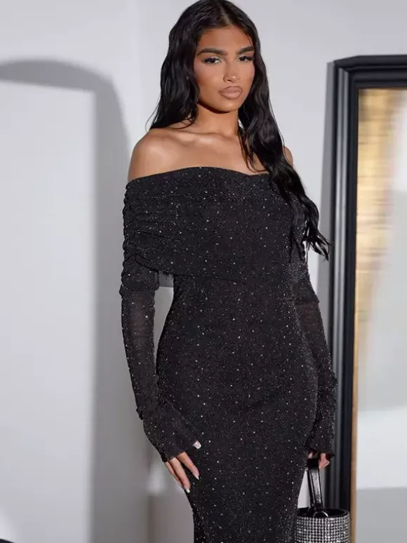 Glitter Off Shoulder Maxi Dress For Women - Sparkly Mesh Long Sleeve Mermaid Gown - Spring Gala Evening Party Outfits 2026
