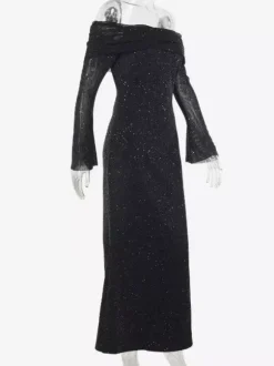 Glitter Off Shoulder Maxi Dress For Women - Sparkly Mesh Long Sleeve Mermaid Gown - Spring Gala Evening Party Outfits 2026