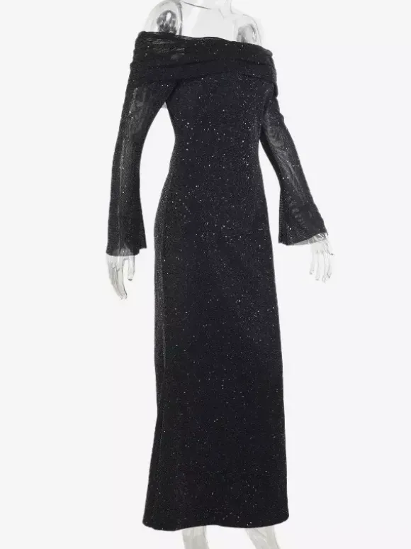 Glitter Off Shoulder Maxi Dress For Women - Sparkly Mesh Long Sleeve Mermaid Gown - Spring Gala Evening Party Outfits 2026