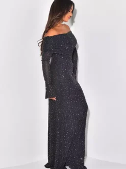Glitter Off Shoulder Maxi Dress For Women - Sparkly Mesh Long Sleeve Mermaid Gown - Spring Gala Evening Party Outfits 2026
