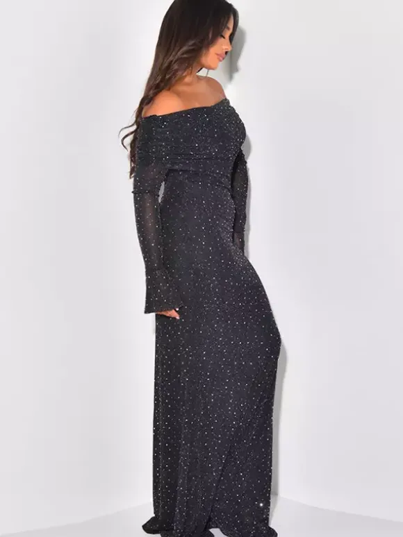 Glitter Off Shoulder Maxi Dress For Women - Sparkly Mesh Long Sleeve Mermaid Gown - Spring Gala Evening Party Outfits 2026
