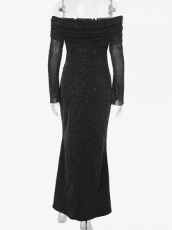 Glitter Off Shoulder Maxi Dress For Women - Sparkly Mesh Long Sleeve Mermaid Gown - Spring Gala Evening Party Outfits 2026