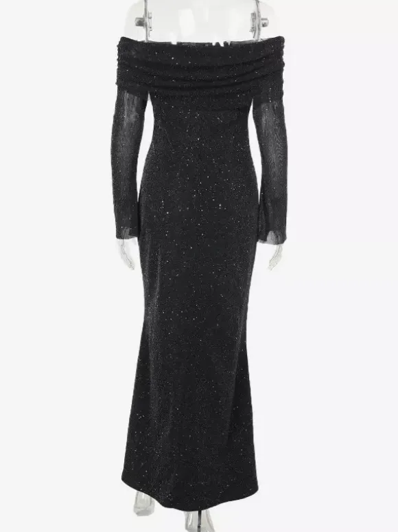 Glitter Off Shoulder Maxi Dress For Women - Sparkly Mesh Long Sleeve Mermaid Gown - Spring Gala Evening Party Outfits 2026