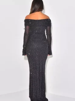 Glitter Off Shoulder Maxi Dress For Women - Sparkly Mesh Long Sleeve Mermaid Gown - Spring Gala Evening Party Outfits 2026