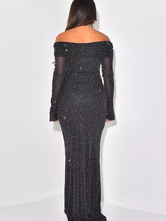 Glitter Off Shoulder Maxi Dress For Women - Sparkly Mesh Long Sleeve Mermaid Gown - Spring Gala Evening Party Outfits 2026