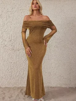Glitter Off Shoulder Maxi Dress For Women - Sparkly Mesh Long Sleeve Mermaid Gown - Spring Gala Evening Party Outfits 2026