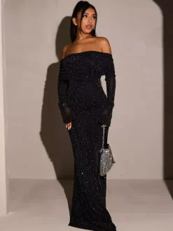 Glitter Off Shoulder Maxi Dress For Women - Sparkly Mesh Long Sleeve Mermaid Gown - Spring Gala Evening Party Outfits 2026