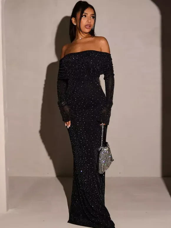 Glitter Off Shoulder Maxi Dress For Women - Sparkly Mesh Long Sleeve Mermaid Gown - Spring Gala Evening Party Outfits 2026