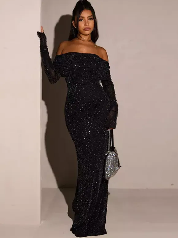 Glitter Off Shoulder Maxi Dress For Women - Sparkly Mesh Long Sleeve Mermaid Gown - Spring Gala Evening Party Outfits 2026
