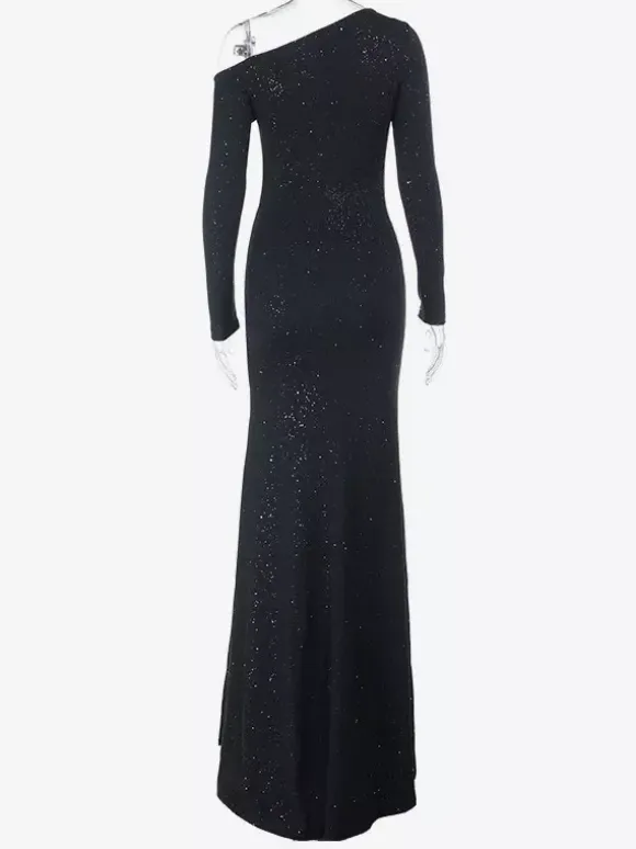 Glitter One Shoulder Maxi Dress For Women - Black Sparkly High Slit Slim Fit Gown - Spring Gala Prom Party Outfits 2026