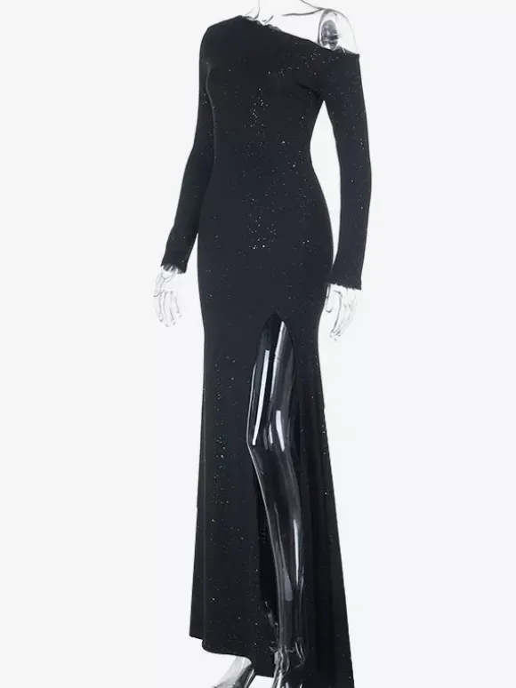 Glitter One Shoulder Maxi Dress For Women - Black Sparkly High Slit Slim Fit Gown - Spring Gala Prom Party Outfits 2026