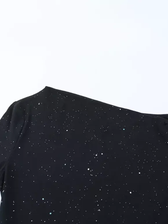 Glitter One Shoulder Maxi Dress For Women - Black Sparkly High Slit Slim Fit Gown - Spring Gala Prom Party Outfits 2026